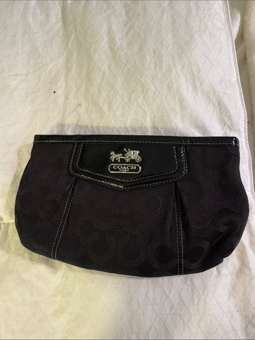 Coach Black Signature Jacquard Clutch with Patent Trim and Silver Logo
